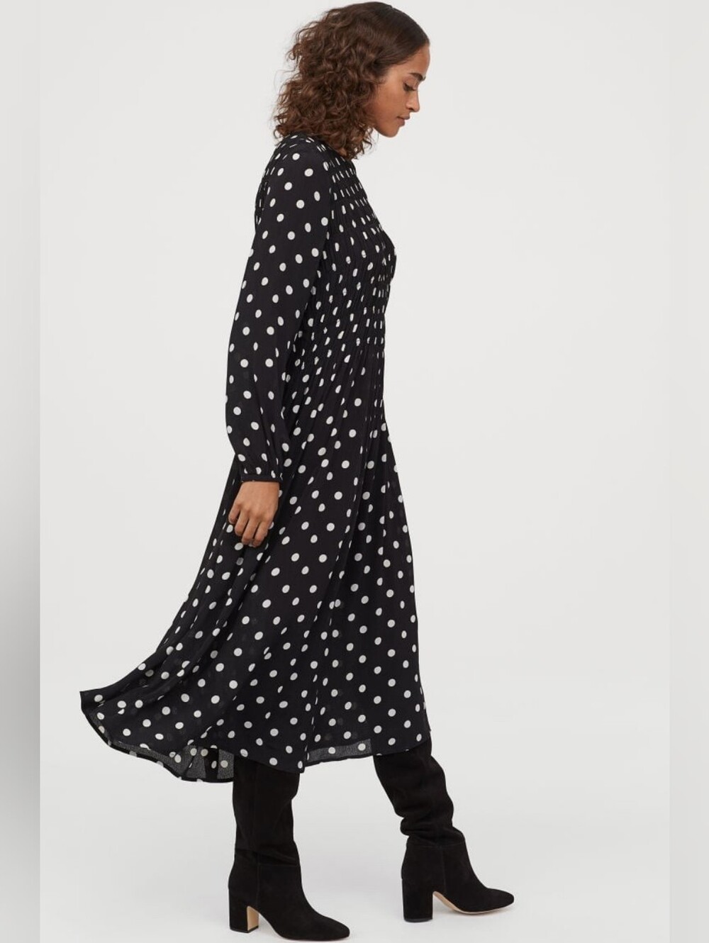 H&M HM Navy Blue White Polka Dot Gauze Smocked Bodice L/S Midi Tea Dress US 4 S
